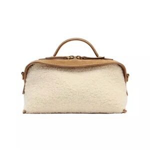 NWT Zara Cream Sherpa Top-Handle Women’s Bag with Tan Leather Trim